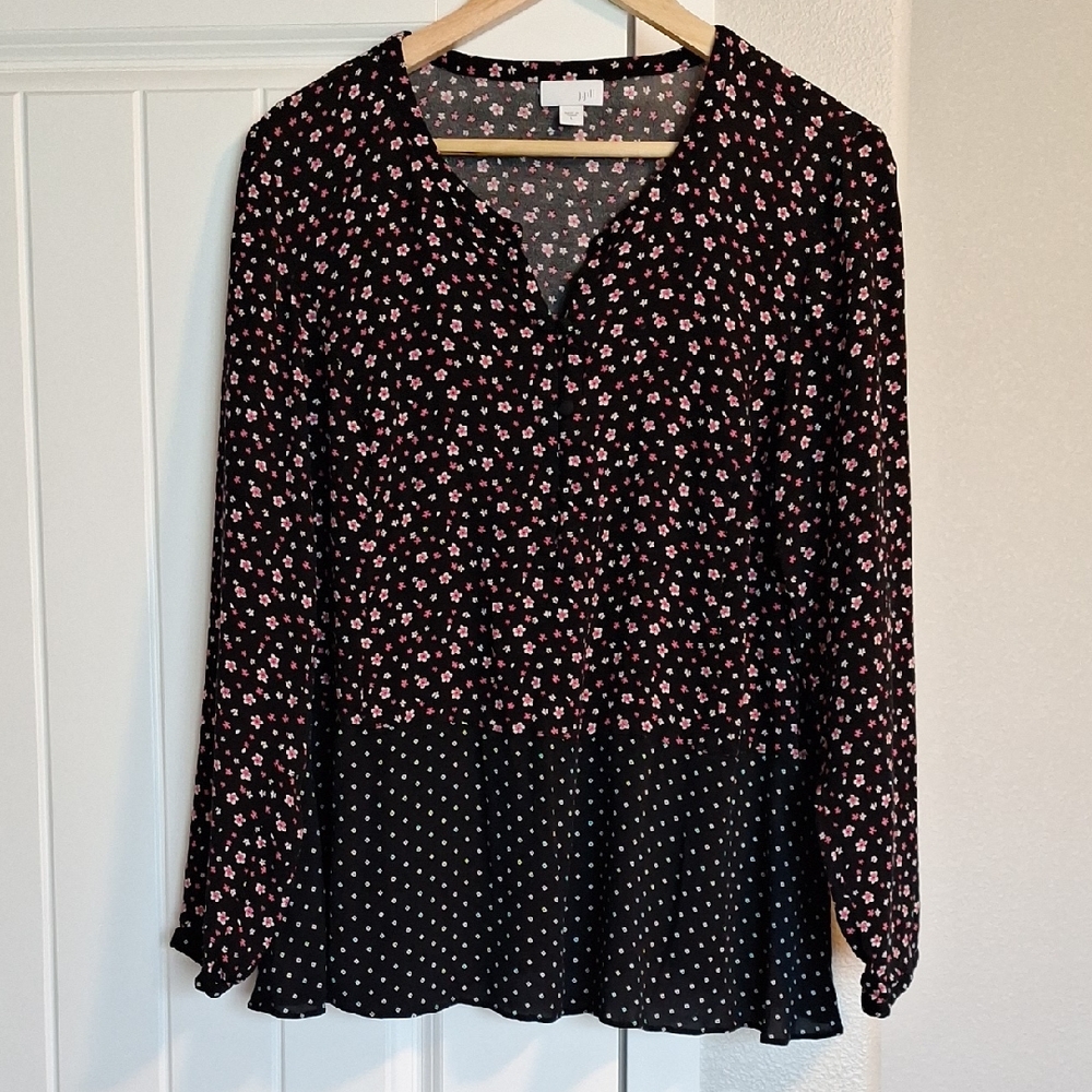 J. Jill Black Peplum Blouse with Notched Collar Size L